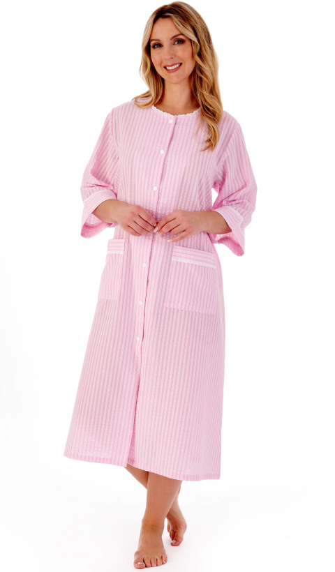 Slenderella Popper Cotton Rich Stripe Housecoat